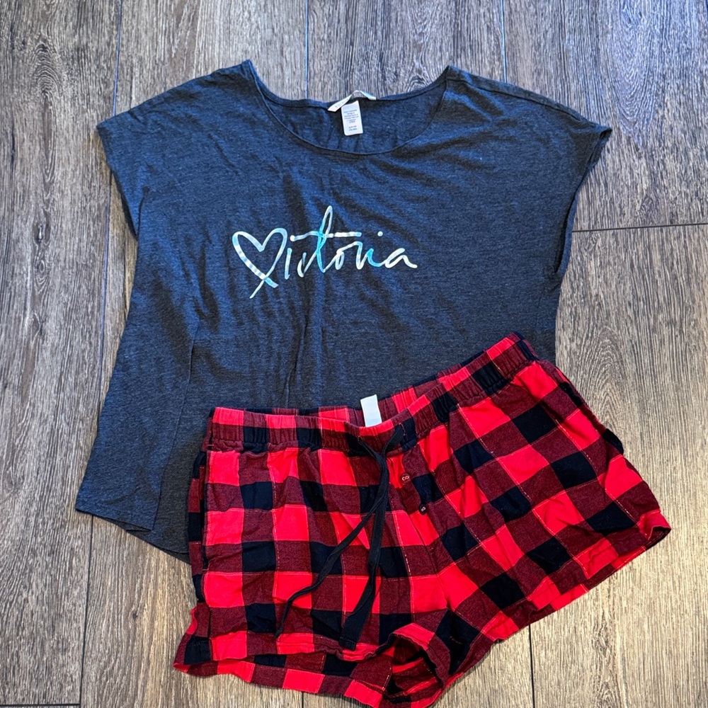 Victoria's Secret Charcoal Top and red plaid pajama shorts both size small
